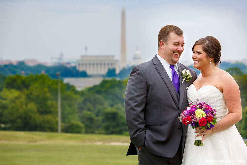 Bride and Groom with DC Monuments | Key Bridge Marriott Wedding Photos