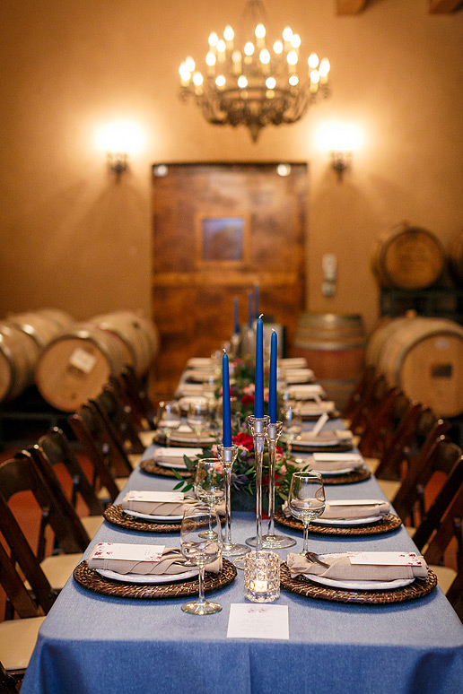 Potomac Point Winery Wedding photos - barrel room dining table